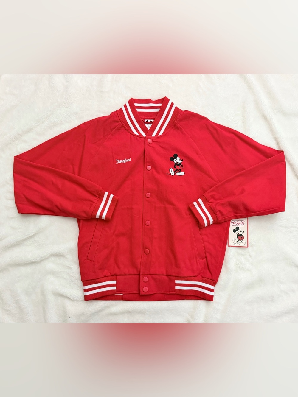 NWT Disney Parks Disneyland Mickey Mouse Red Varsity Bomber Jacket - Unisex S